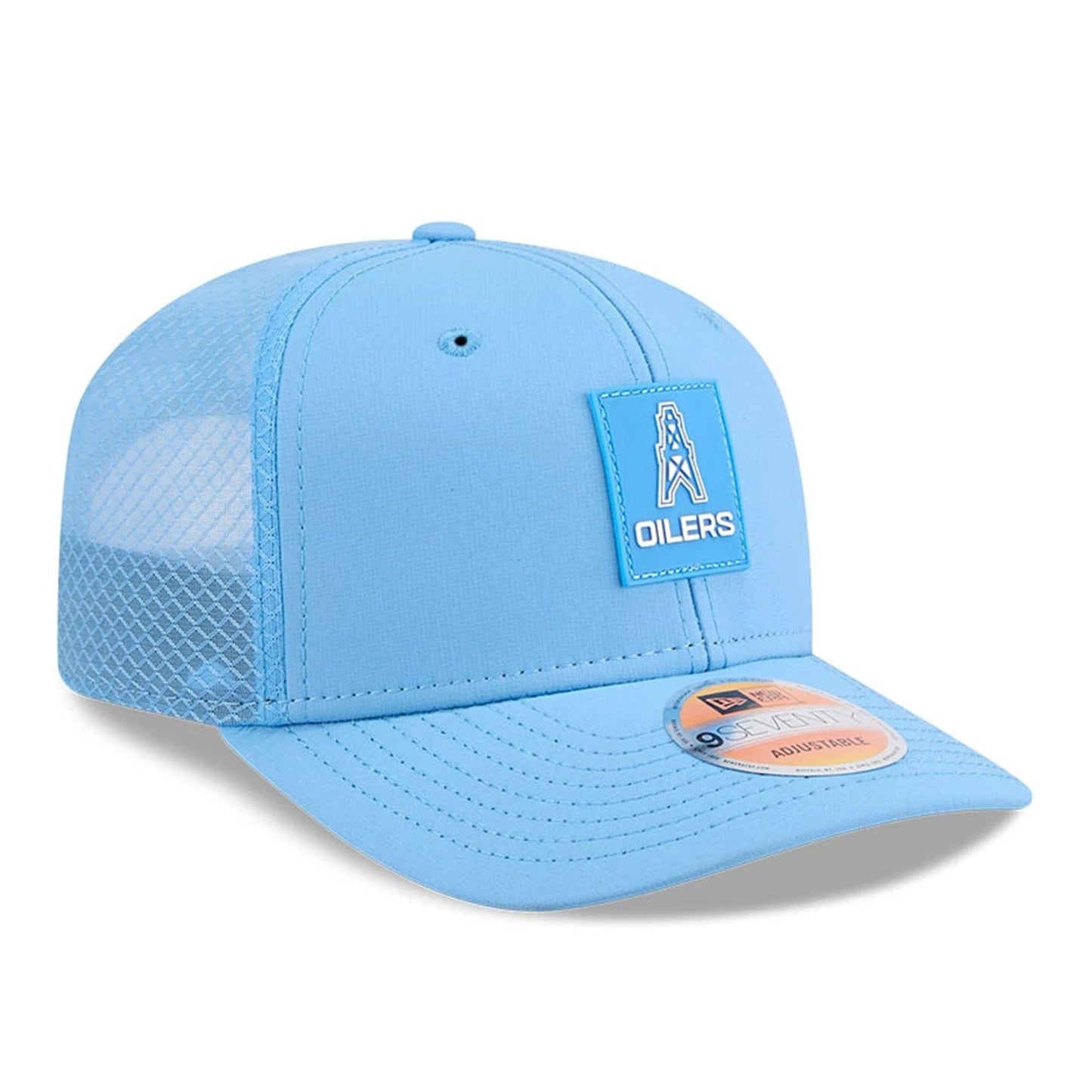 This is a NFL Oilers NFL Sideline 2025 Pastel Blue 9SEVENTY Trucker Stretch Snap Adjustable Cap 4