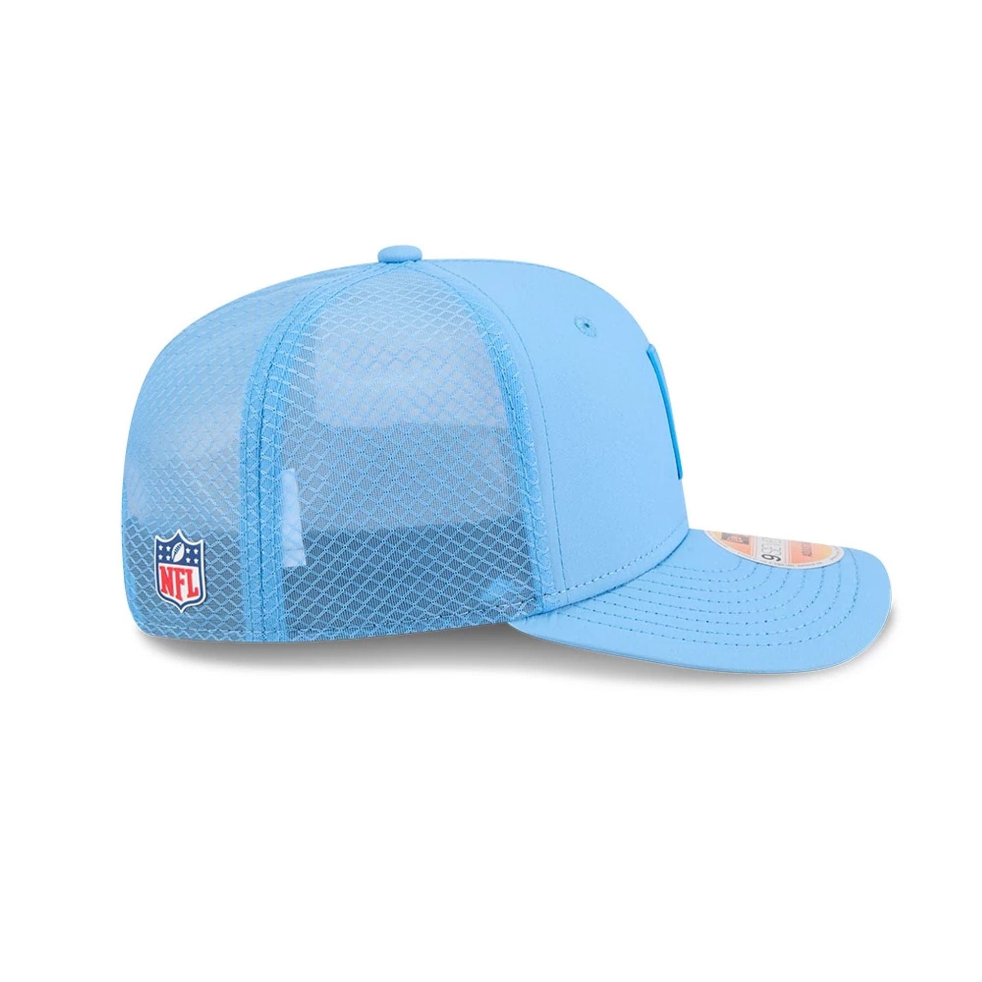 This is a NFL Oilers NFL Sideline 2025 Pastel Blue 9SEVENTY Trucker Stretch Snap Adjustable Cap 5