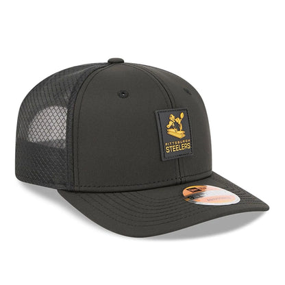This is a Pittsburgh Steelers NFL Sideline 2025 Black 9SEVENTY Trucker Stretch Snap Adjustable Cap 3