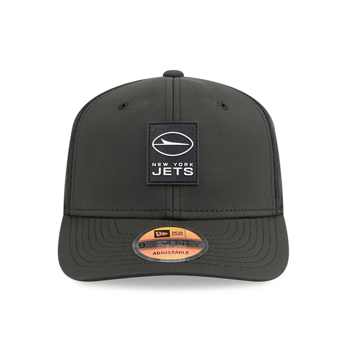 This is a New York Jets NFL Sideline 2025 Black 9SEVENTY Trucker Stretch Snap Adjustable Cap 3