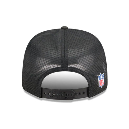 This is a New York Jets NFL Sideline 2025 Black 9SEVENTY Trucker Stretch Snap Adjustable Cap 7