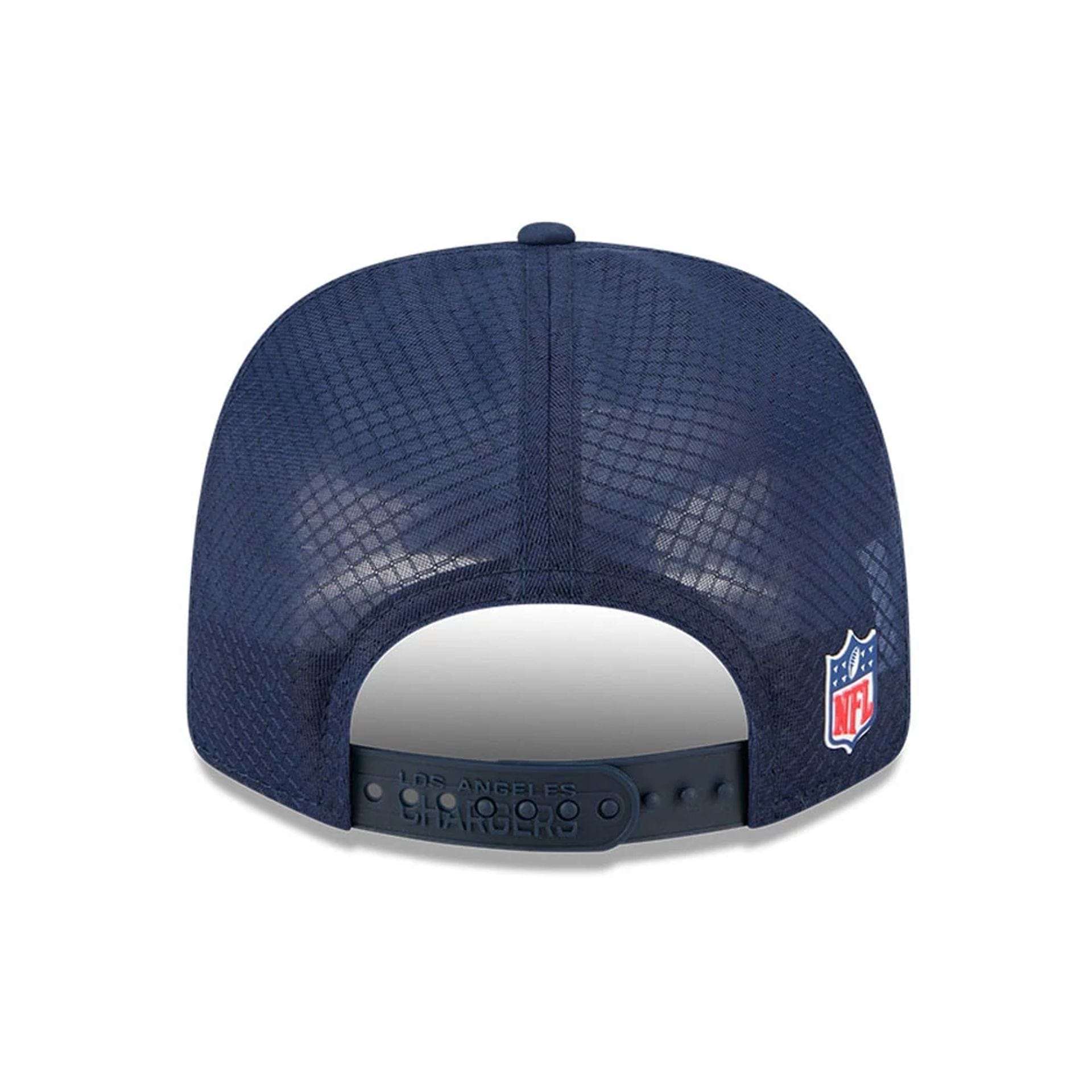 This is a LA Chargers NFL Sideline 2025 Blue 9SEVENTY Trucker Stretch Snap Adjustable Cap 7