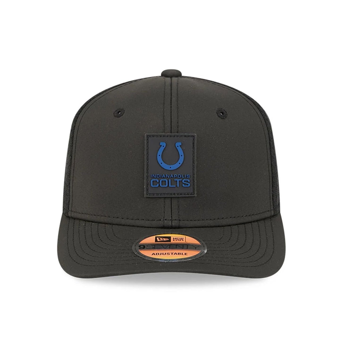 This is a Indianapolis Colts NFL Sideline 2025 Black 9SEVENTY Trucker Stretch Snap Adjustable Cap 3