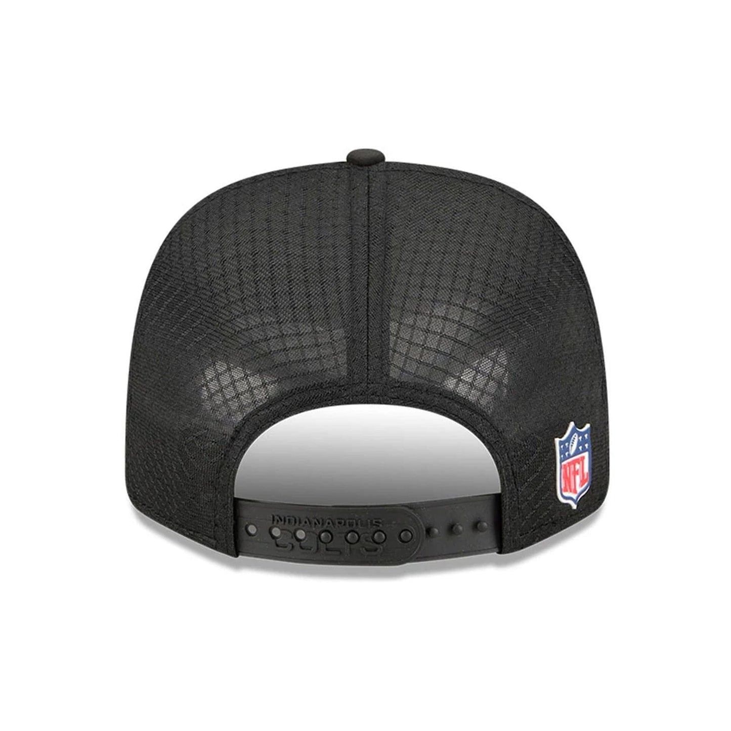 This is a Indianapolis Colts NFL Sideline 2025 Black 9SEVENTY Trucker Stretch Snap Adjustable Cap 7