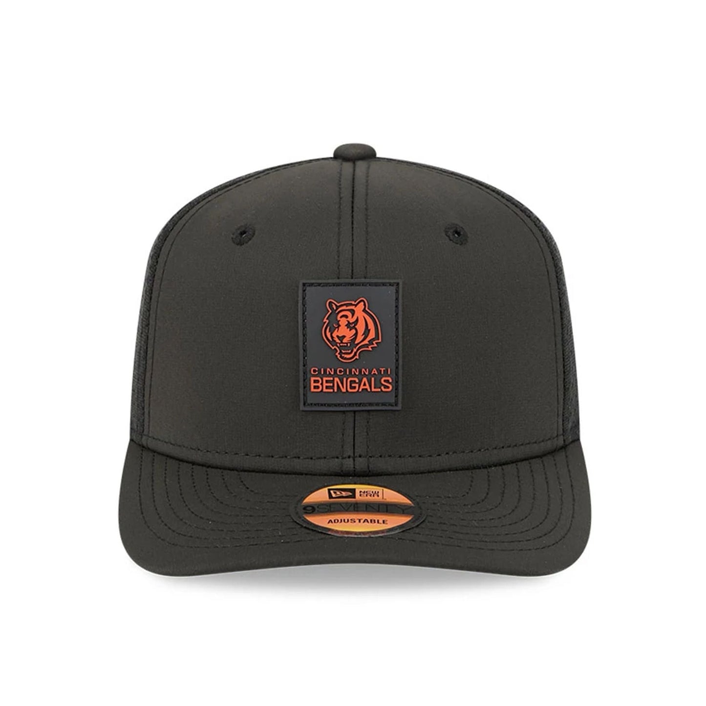 This is a Cincinnati Bengals NFL Sideline 2025 Black 9SEVENTY Trucker Stretch Snap Adjustable Cap 3