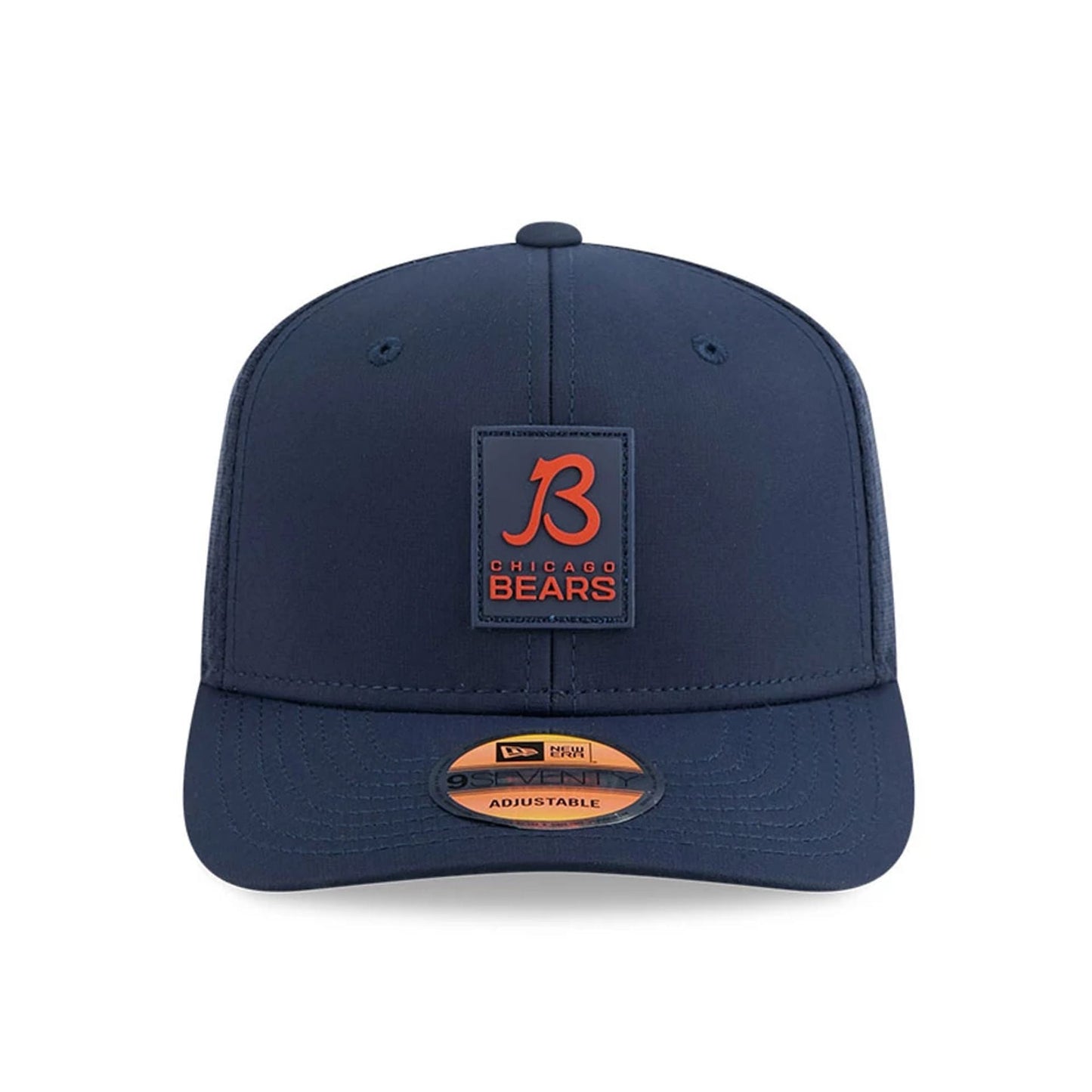 This is a Chicago Bears NFL Sideline 2025 Navy 9SEVENTY Trucker Stretch Snap Adjustable Cap 2