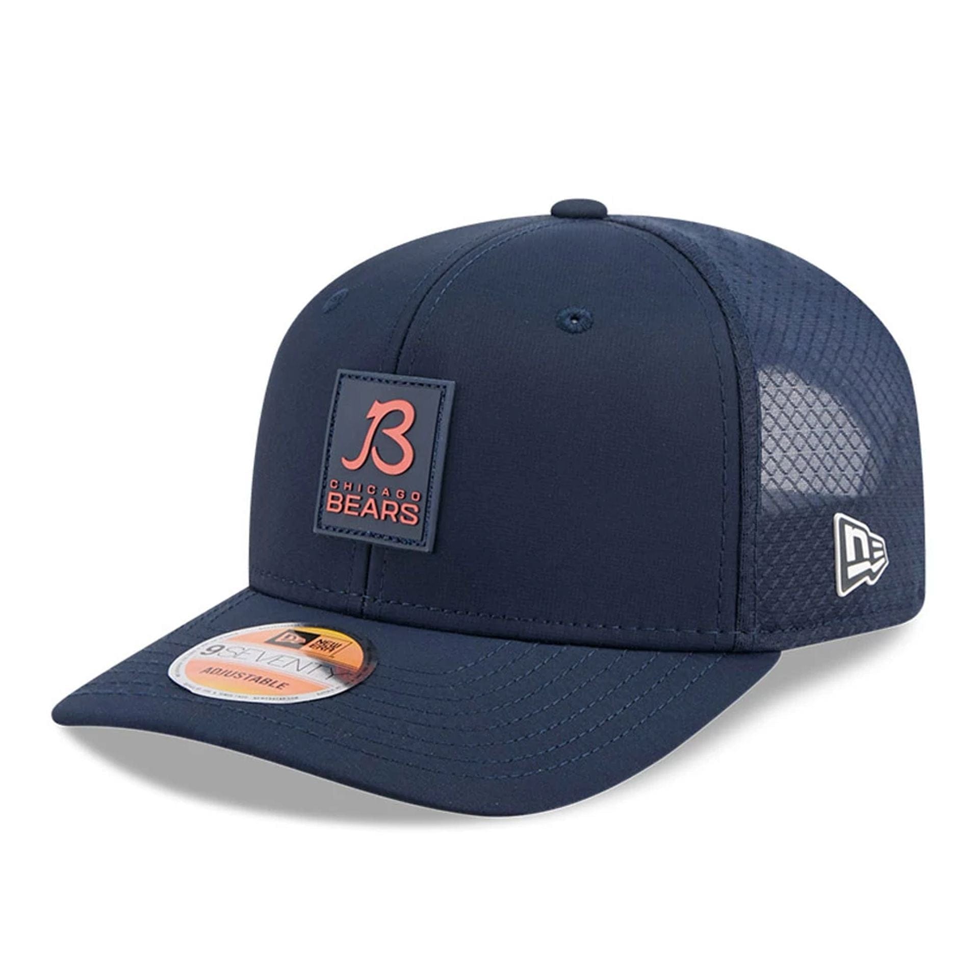 This is a Chicago Bears NFL Sideline 2025 Navy 9SEVENTY Trucker Stretch Snap Adjustable Cap 3