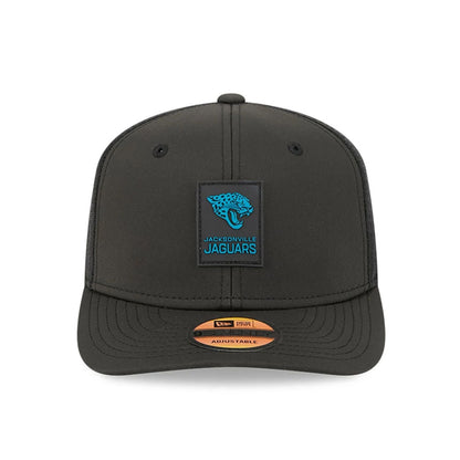 This is a Jacksonville Jaguars NFL Sideline 2025 Black 9SEVENTY Trucker Stretch Snap Adjustable Cap 3