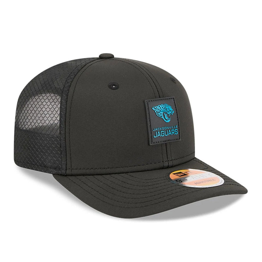 This is a Jacksonville Jaguars NFL Sideline 2025 Black 9SEVENTY Trucker Stretch Snap Adjustable Cap 4