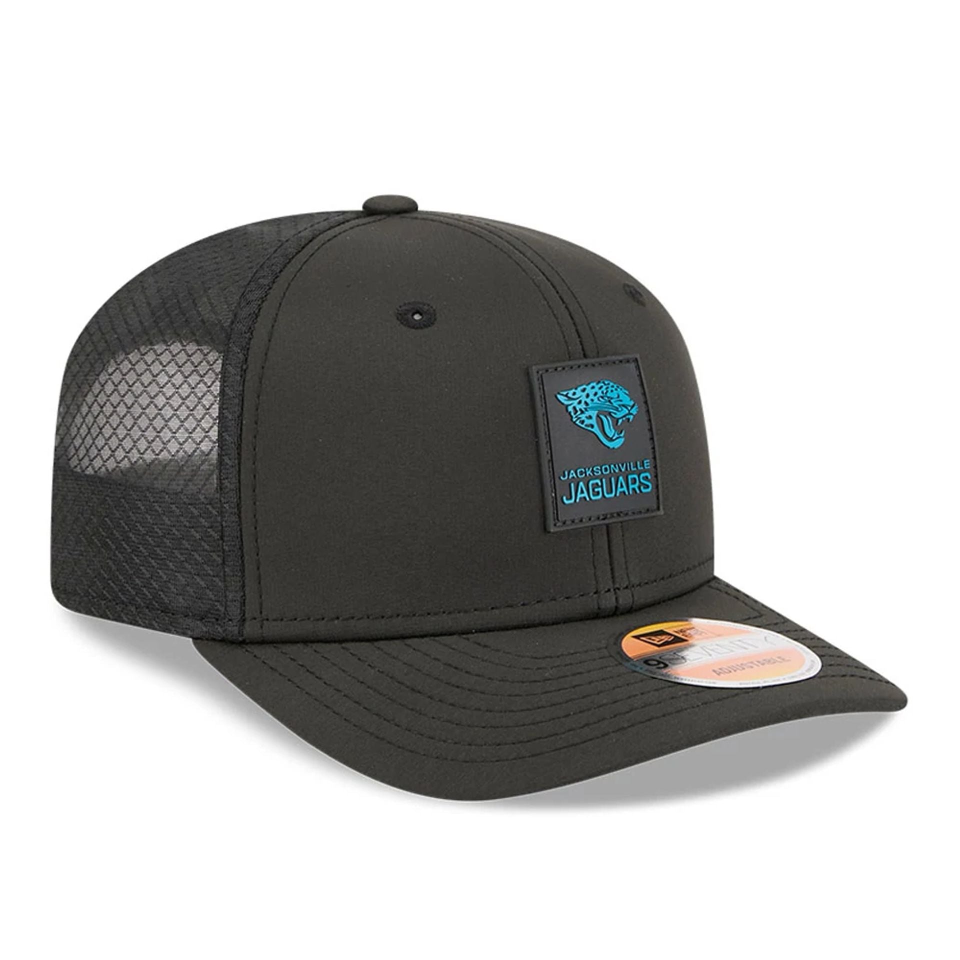 This is a Jacksonville Jaguars NFL Sideline 2025 Black 9SEVENTY Trucker Stretch Snap Adjustable Cap 4