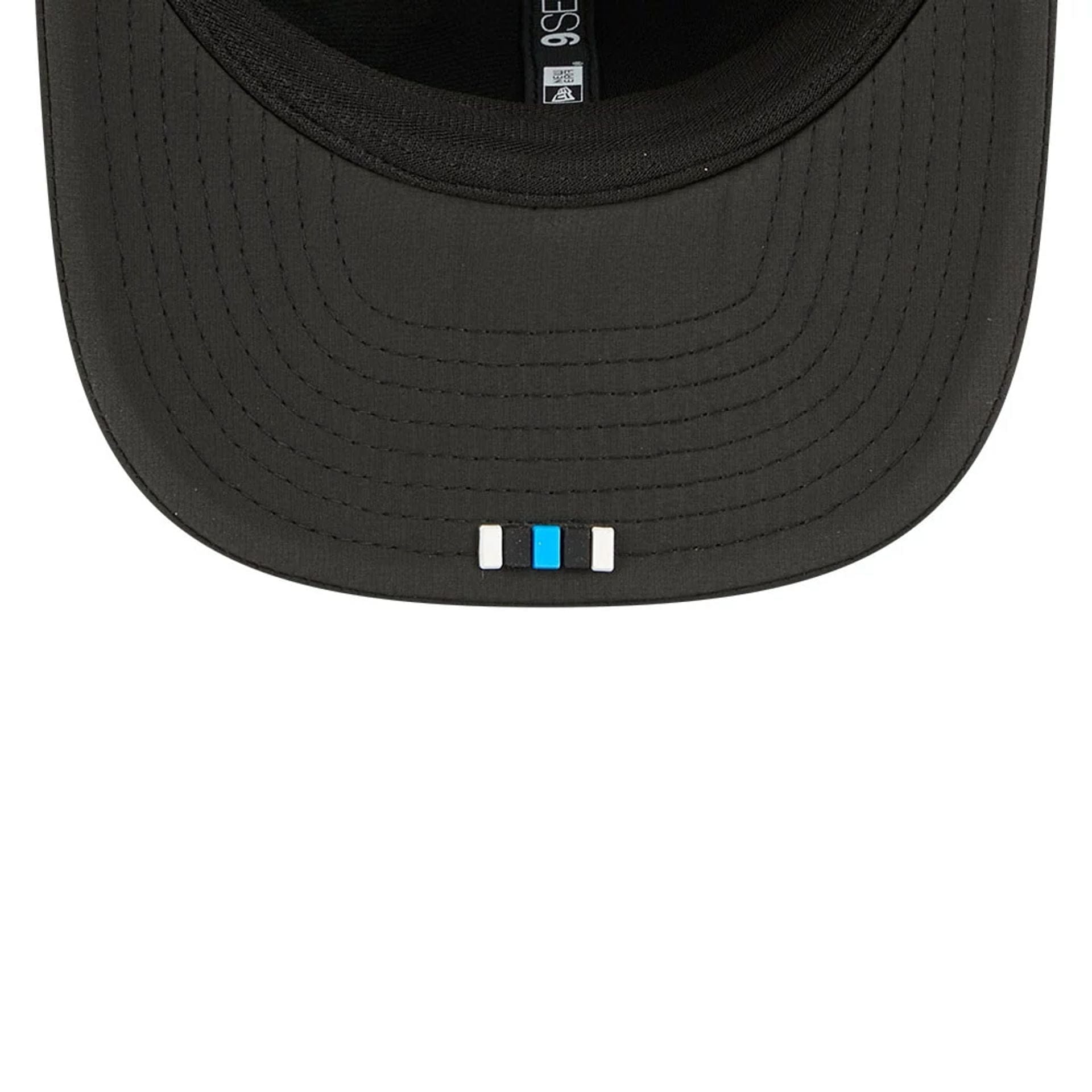 This is a Carolina Panthers NFL Sideline 2025 Black 9SEVENTY Trucker Stretch Snap Adjustable Cap 2