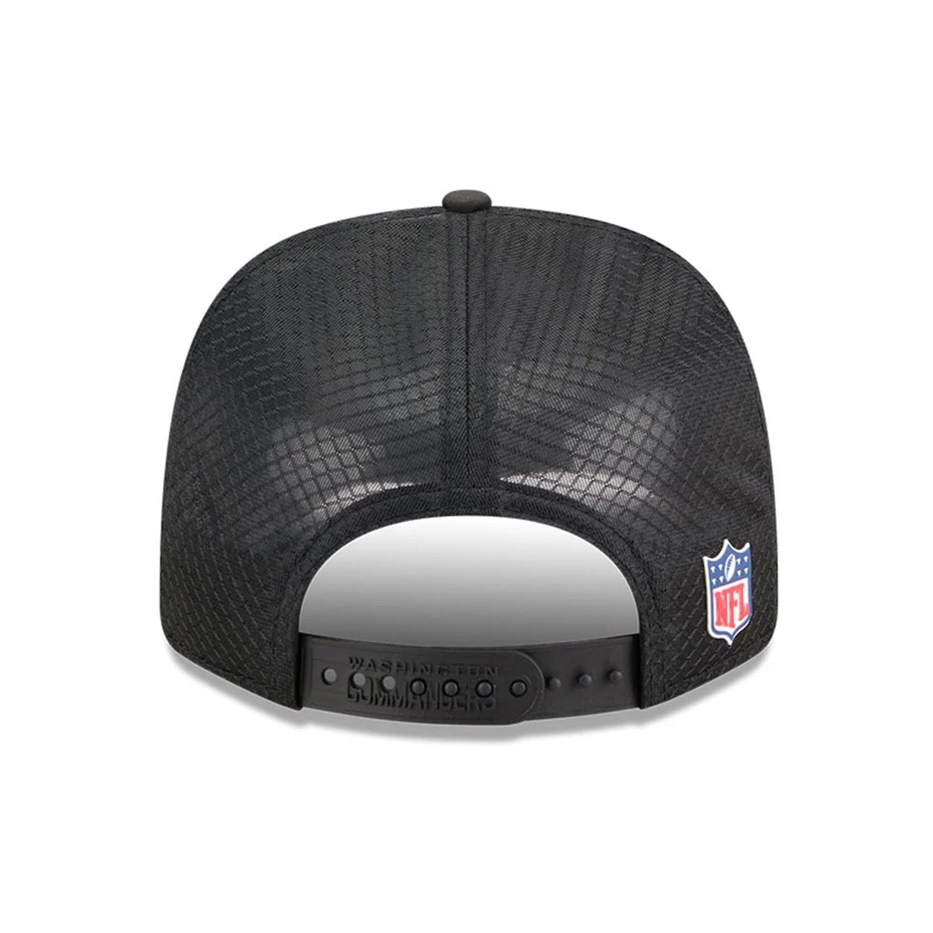 This is a Washington Commanders NFL Sideline 2025 Black 9SEVENTY Trucker Stretch Snap Adjustable Cap 7