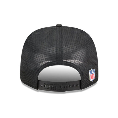 This is a Washington Commanders NFL Sideline 2025 Black 9SEVENTY Trucker Stretch Snap Adjustable Cap 7