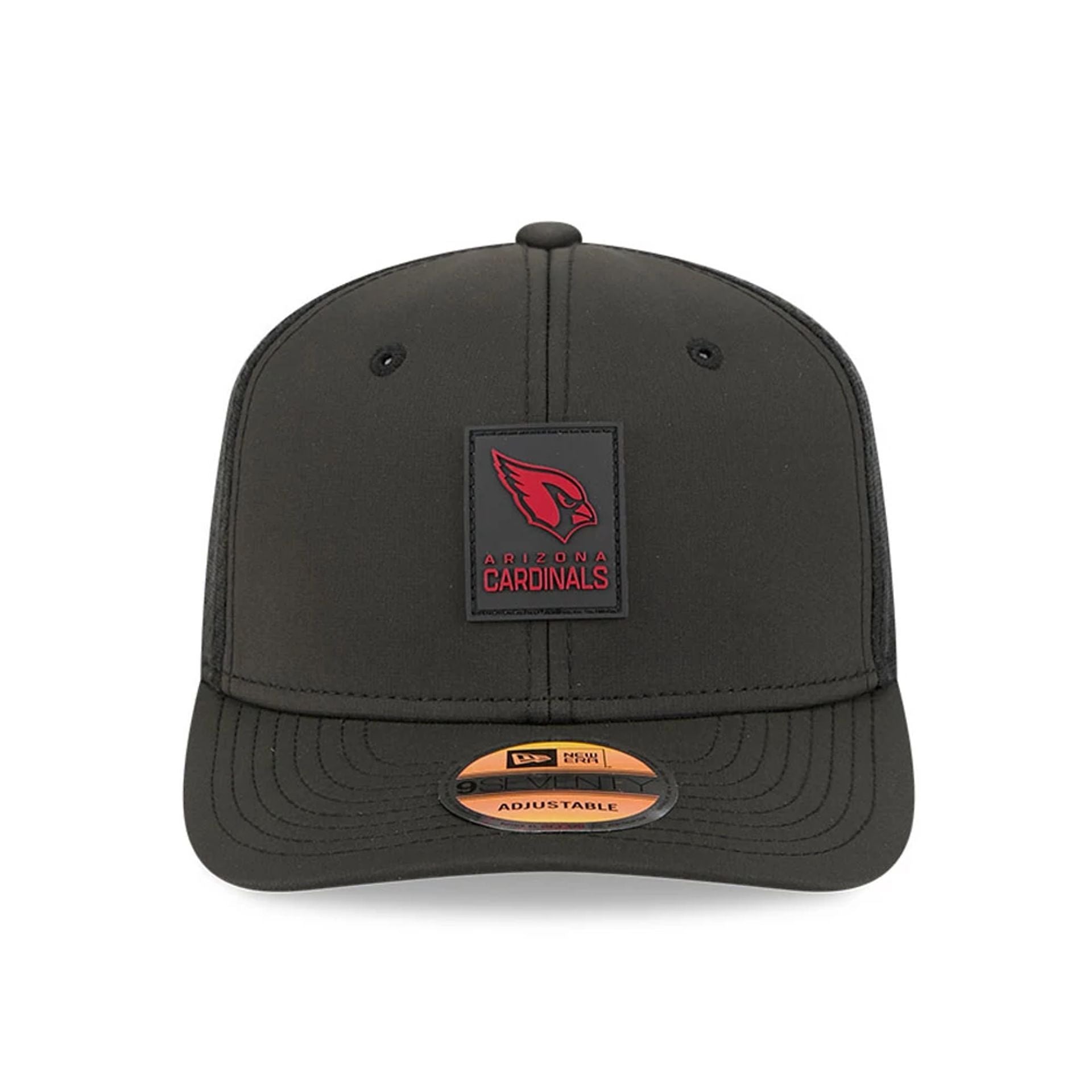 This is a Arizona Cardinals NFL Sideline 2025 Black 9SEVENTY Trucker Stretch Snap Adjustable Cap 3