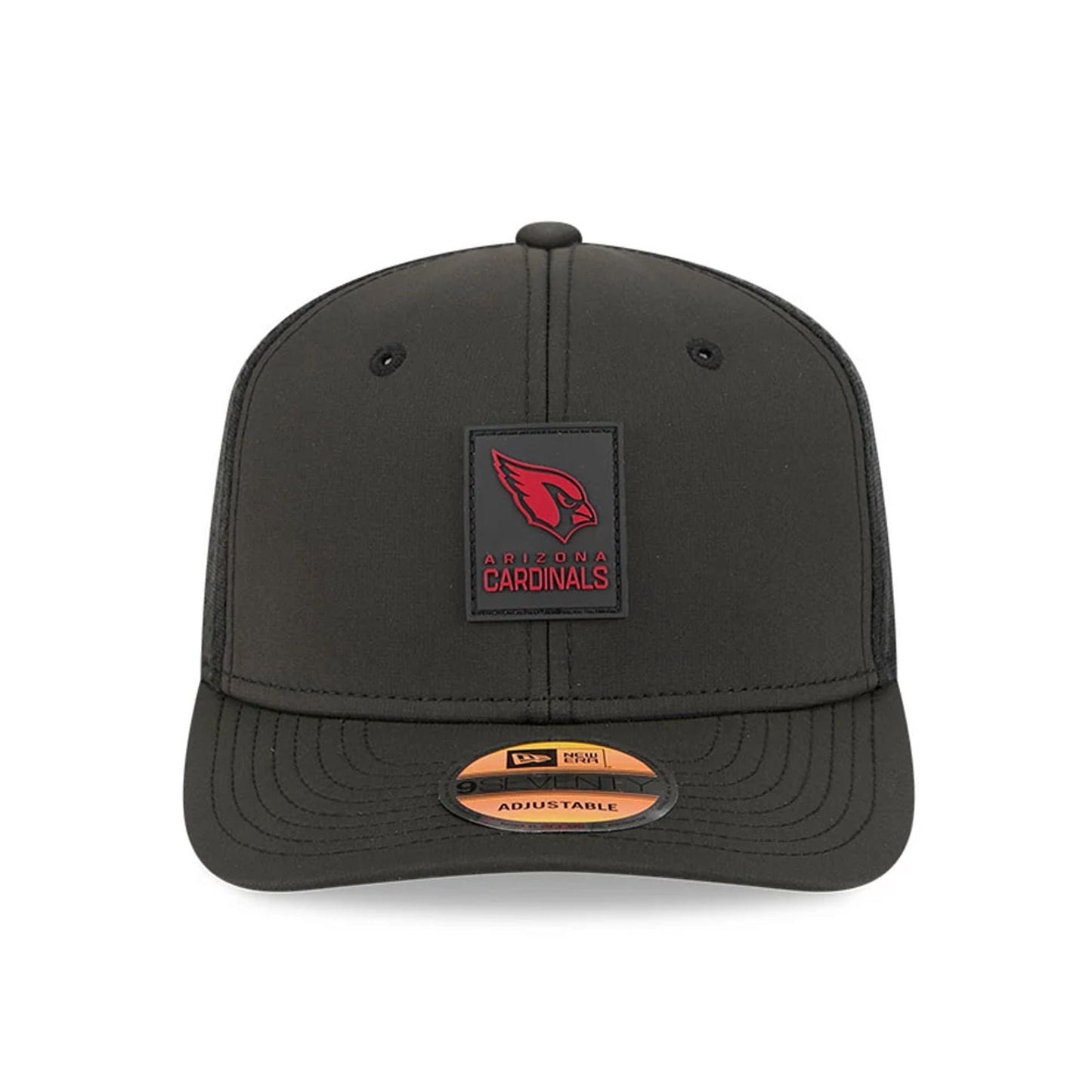 This is a Arizona Cardinals NFL Sideline 2025 Black 9SEVENTY Trucker Stretch Snap Adjustable Cap 3