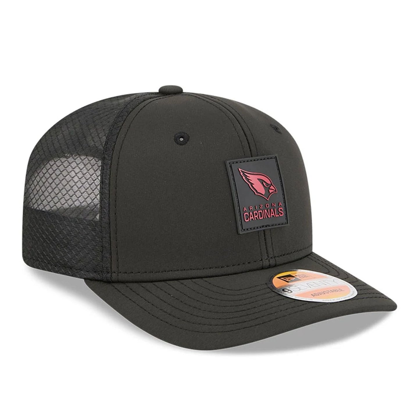 This is a Arizona Cardinals NFL Sideline 2025 Black 9SEVENTY Trucker Stretch Snap Adjustable Cap 4