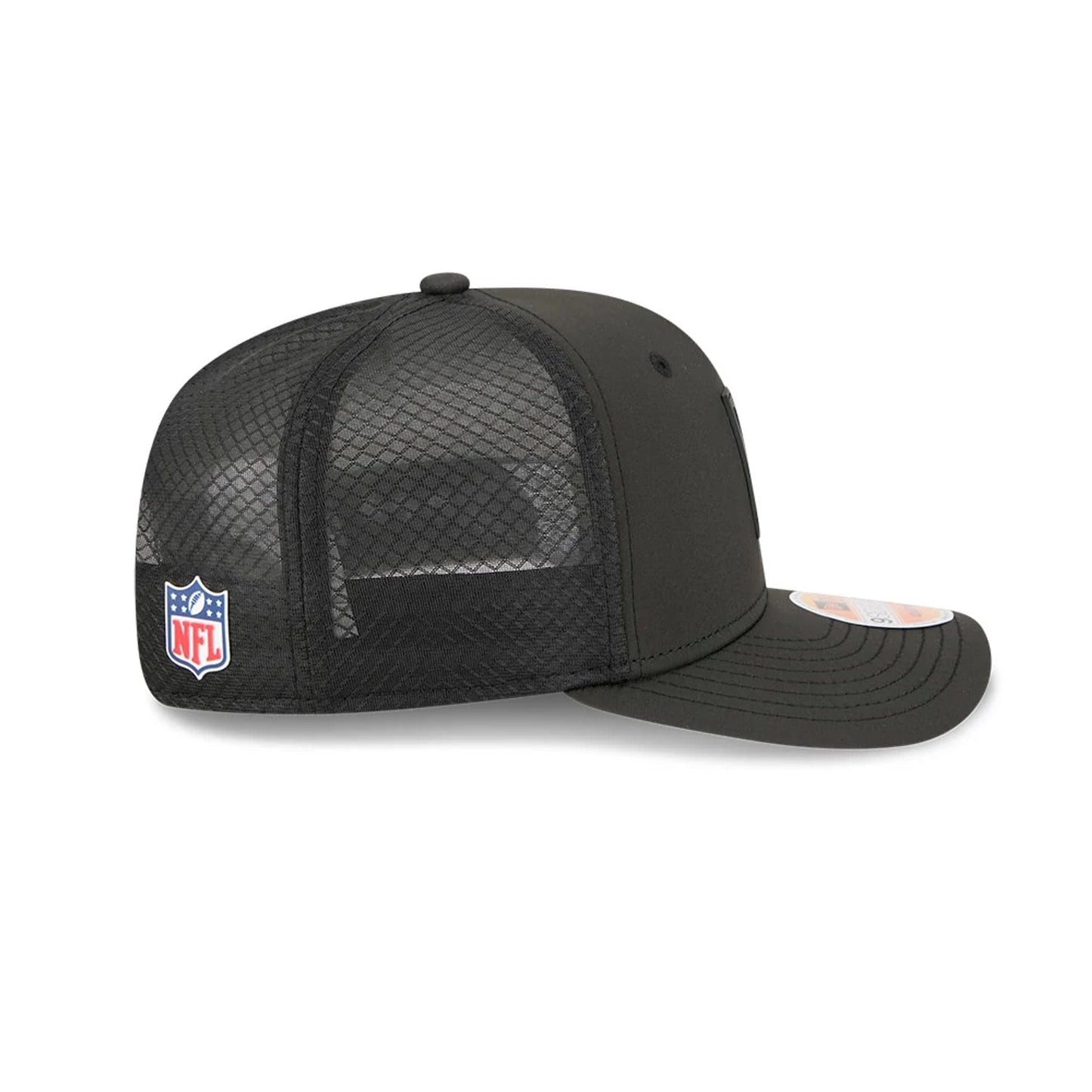 This is a Arizona Cardinals NFL Sideline 2025 Black 9SEVENTY Trucker Stretch Snap Adjustable Cap 6