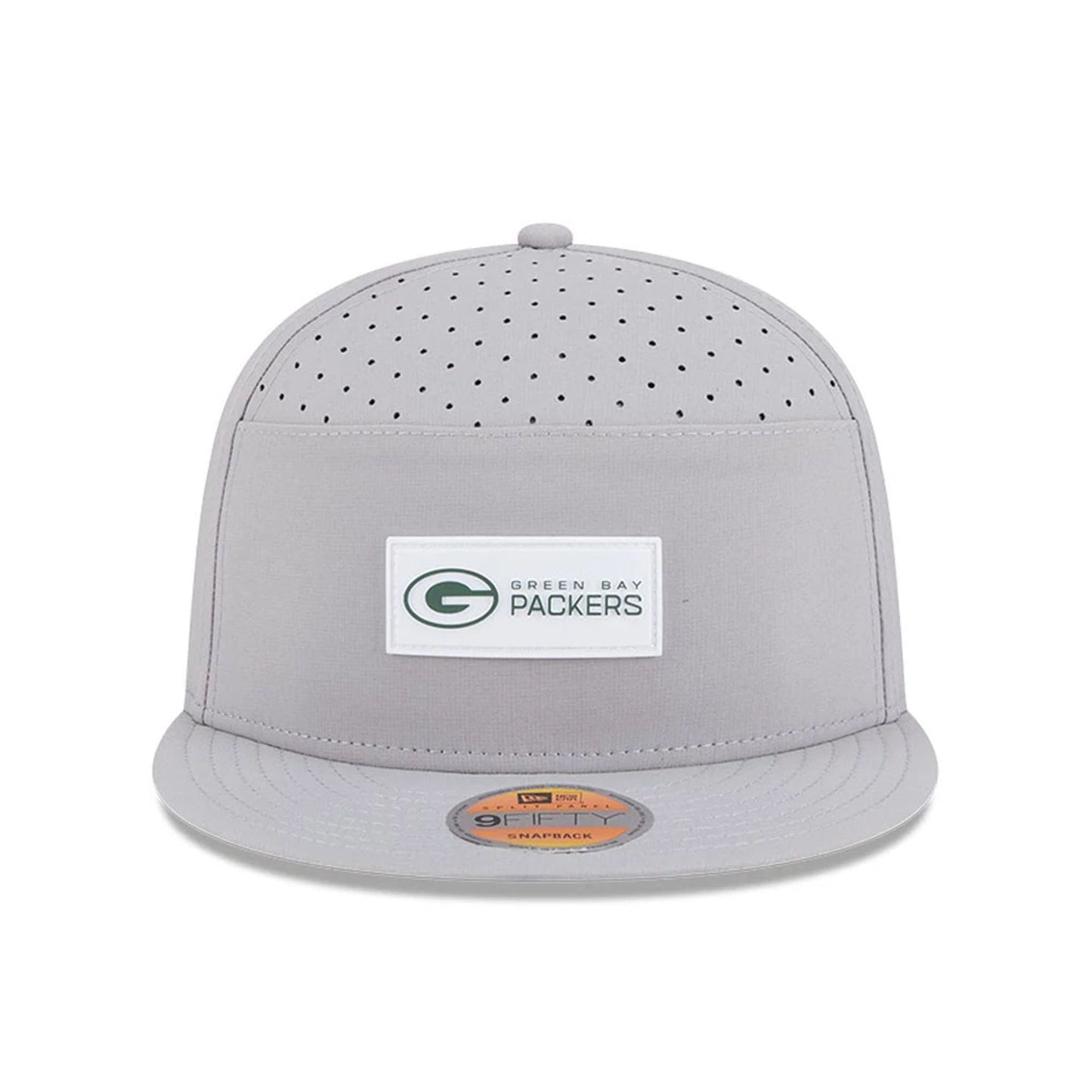 This is a Green Bay Packers NFL Sideline 2025 Grey 9FIFTY Split Panel Snapback Adjustable Cap 2
