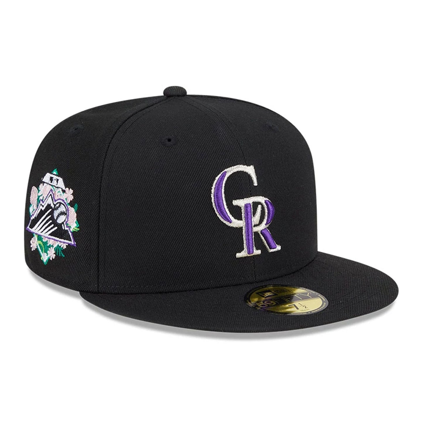 This is a Colorado Rockies Floral Undervisor Black 59FIFTY Fitted Cap 1
