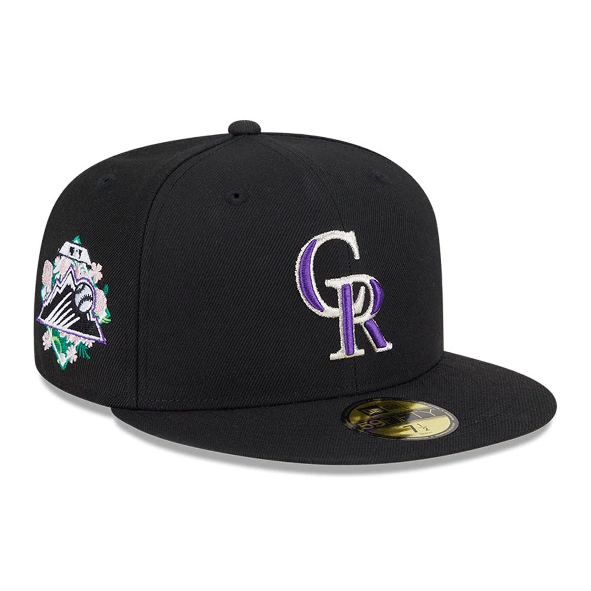 This is a Colorado Rockies Floral Undervisor Black 59FIFTY Fitted Cap 1