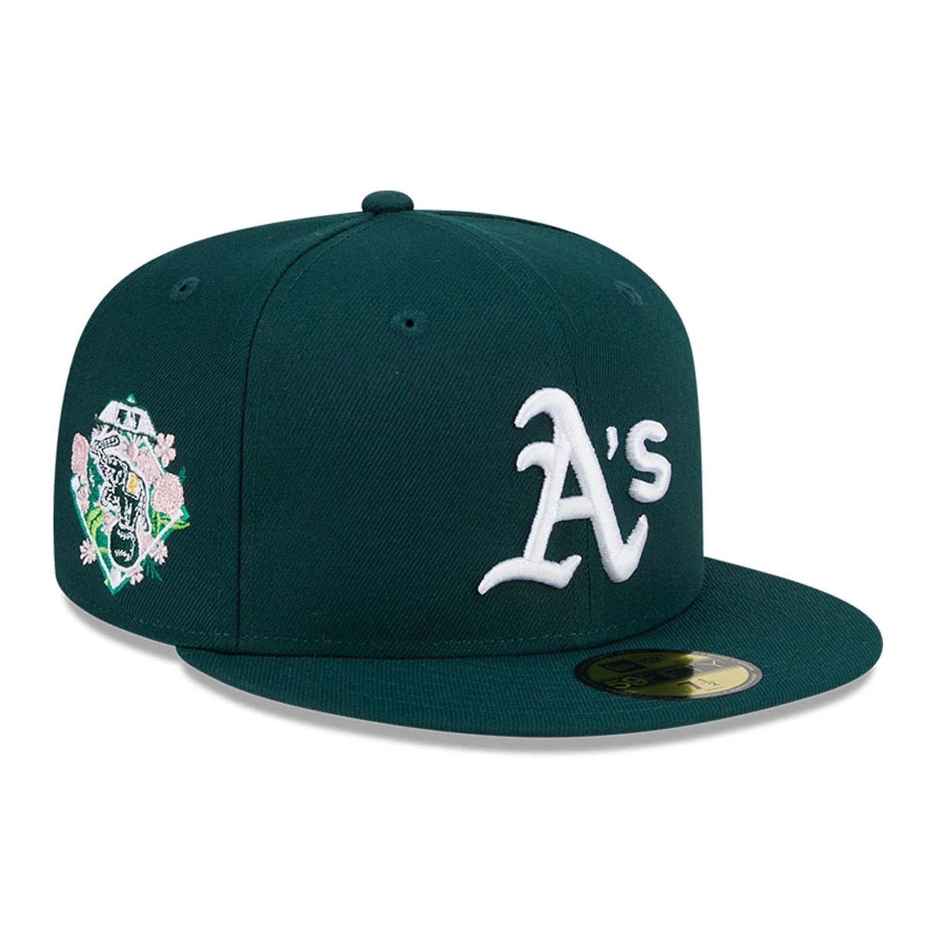 This is a Oakland Athletics Floral Undervisor Dark Green 59FIFTY Fitted Cap 1