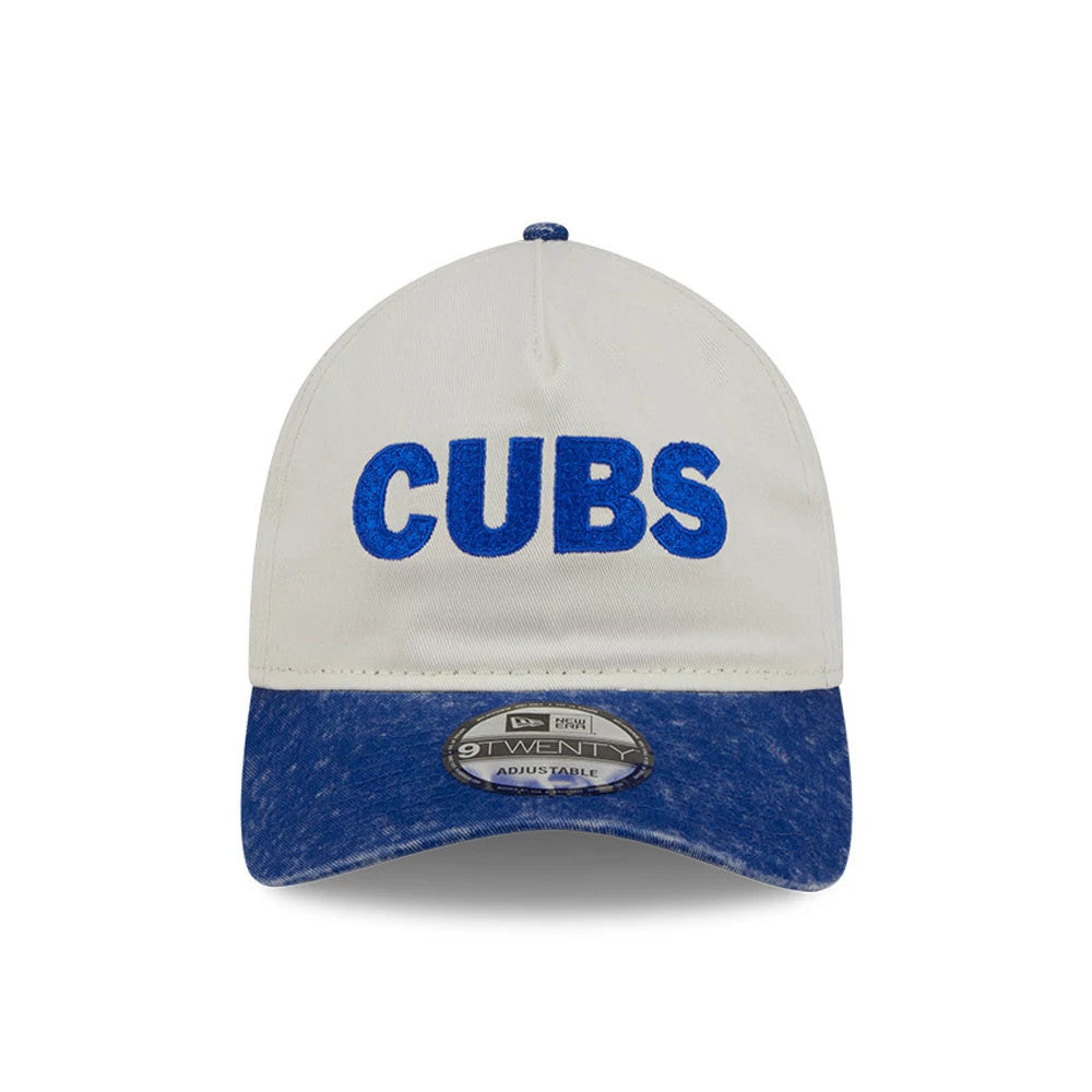 Chicago Cubs MLB SC Pastel White New Era 9TWENTY A-Frame Adjustable Cap, front view showing blue embroidered 'Cubs' lettering on the crown, contrasted by a speckled blue curved visor with a 9TWENTY size sticker on top.