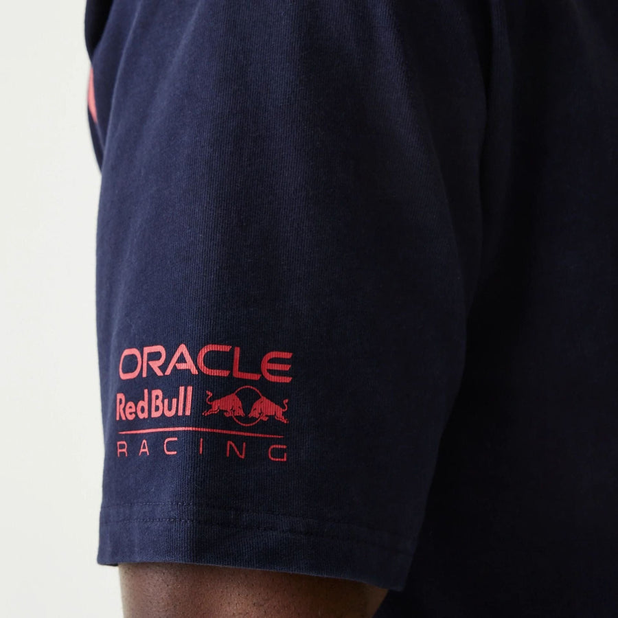 The Male model is wearing Red Bull Racing Back Graphic Dark Blue Oversized T-Shirt 5