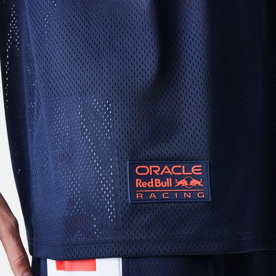 The Male model is wearing Red Bull Racing Graphic Mesh Dark Blue Oversized T-Shirt 5