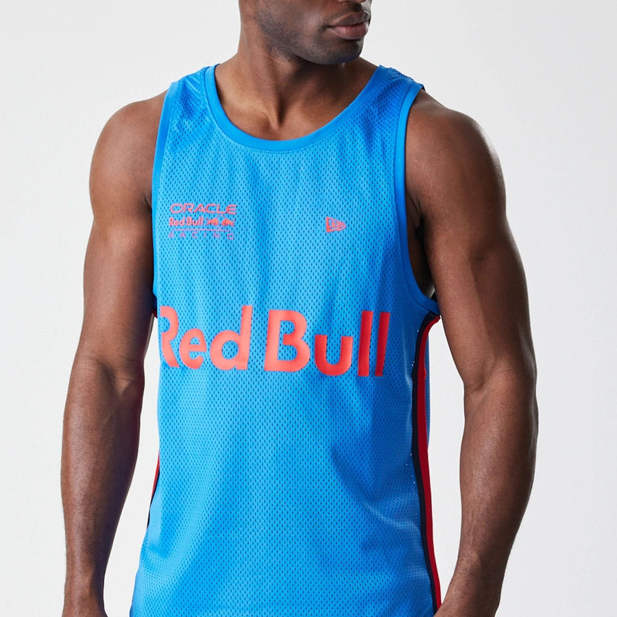 The Male model is wearing Red Bull Racing Basketball Mesh Blue Sleeveless T-Shirt 3