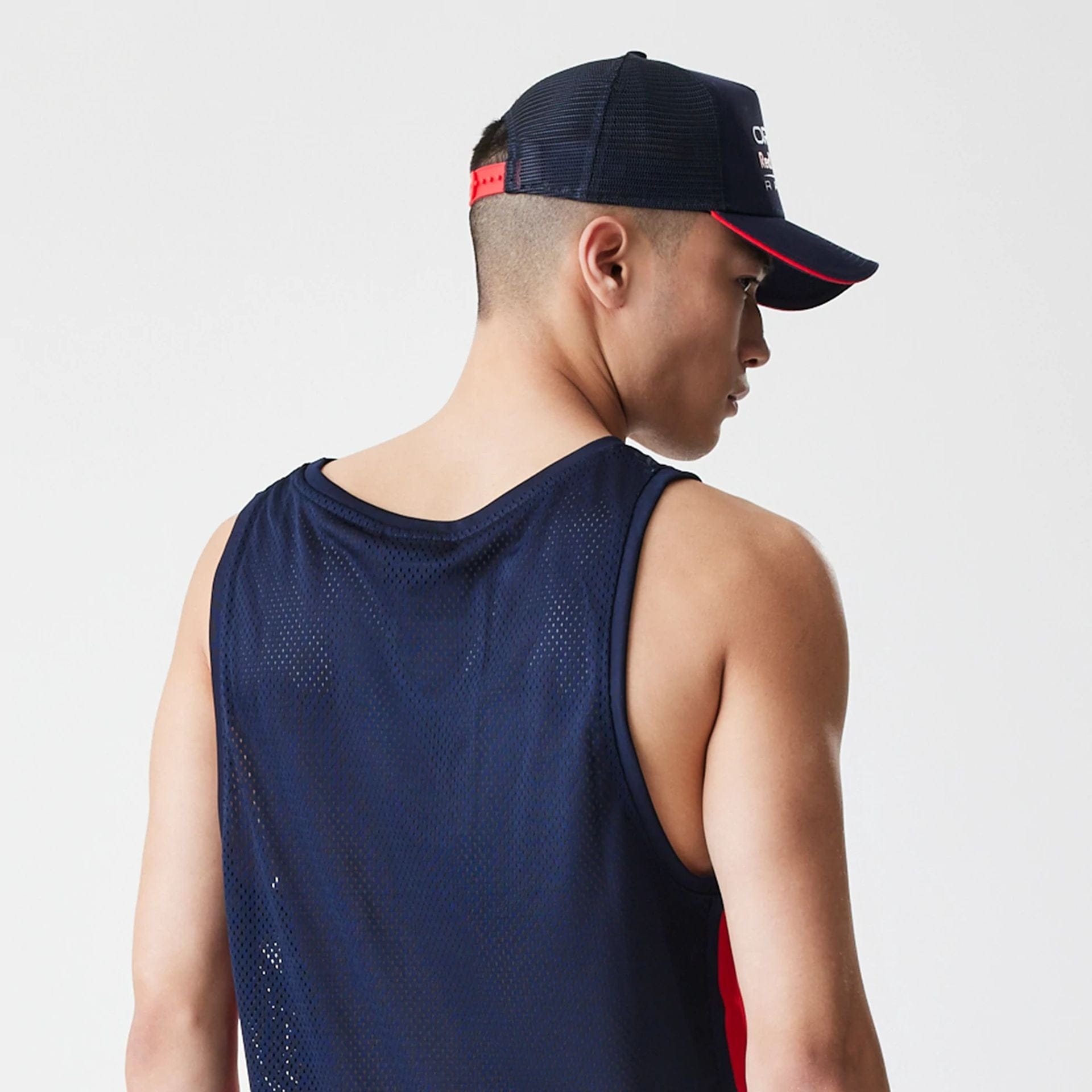 The Male model is wearing Red Bull Racing Basketball Mesh Dark Blue Sleeveless T-Shirt 6