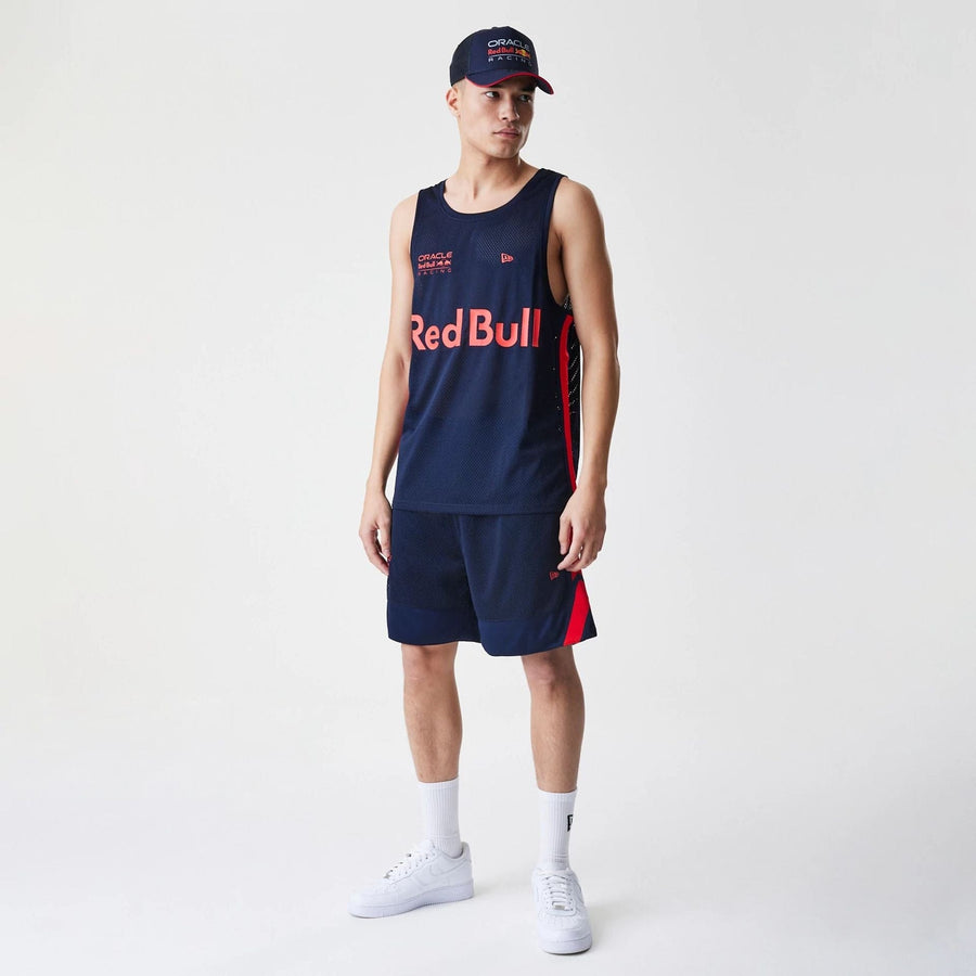 The Male model is wearing Red Bull Racing Basketball Mesh Dark Blue Sleeveless T-Shirt 7