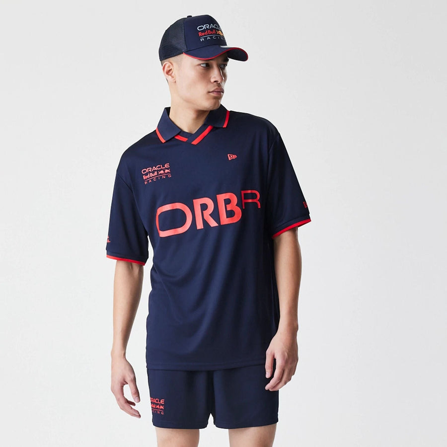 The Male model is wearing Red Bull Racing Graphic Dark Blue Football Jersey 5