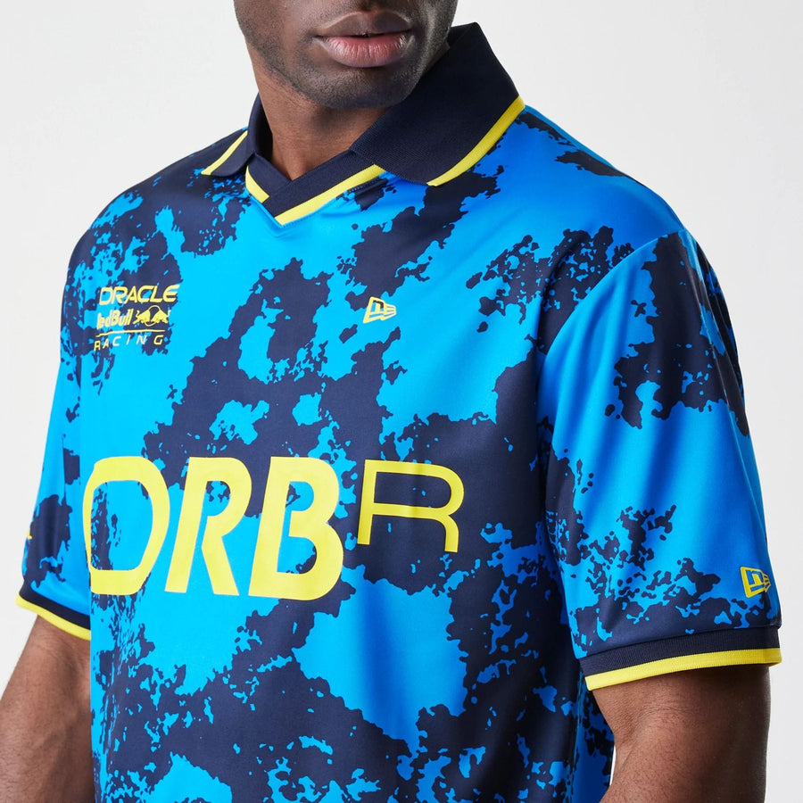 The Male model is wearing Red Bull Racing Graphic Blue Football Jersey 3