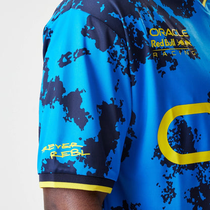 The Male model is wearing Red Bull Racing Graphic Blue Football Jersey 5