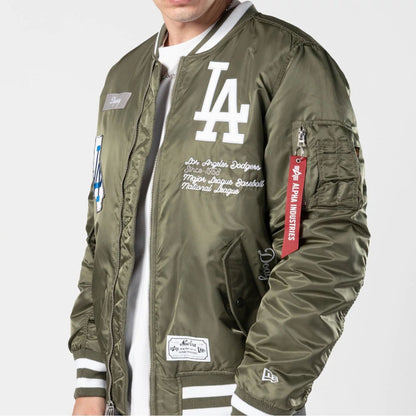 The Male model is wearing LA Dodgers MLB X Alpha Green Bomber Jacket 3