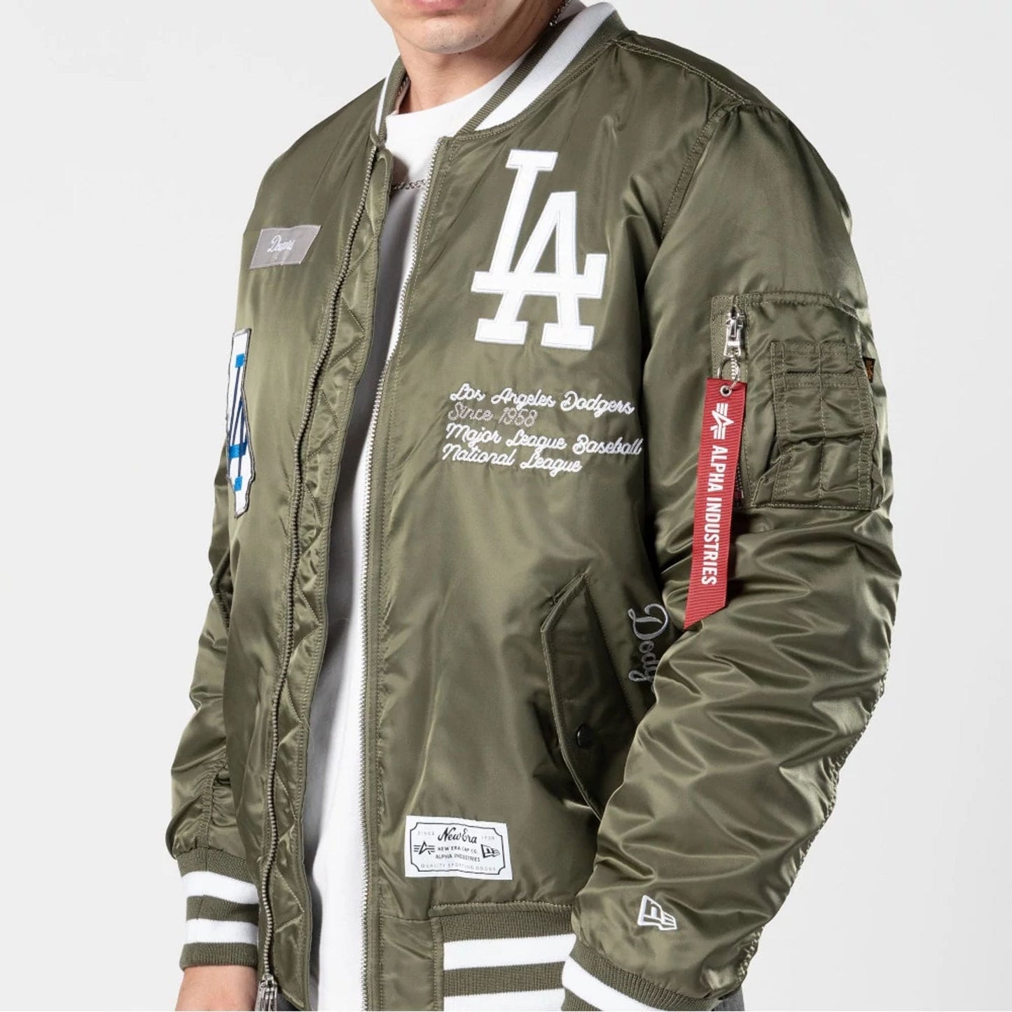 The Male model is wearing LA Dodgers MLB X Alpha Green Bomber Jacket 3