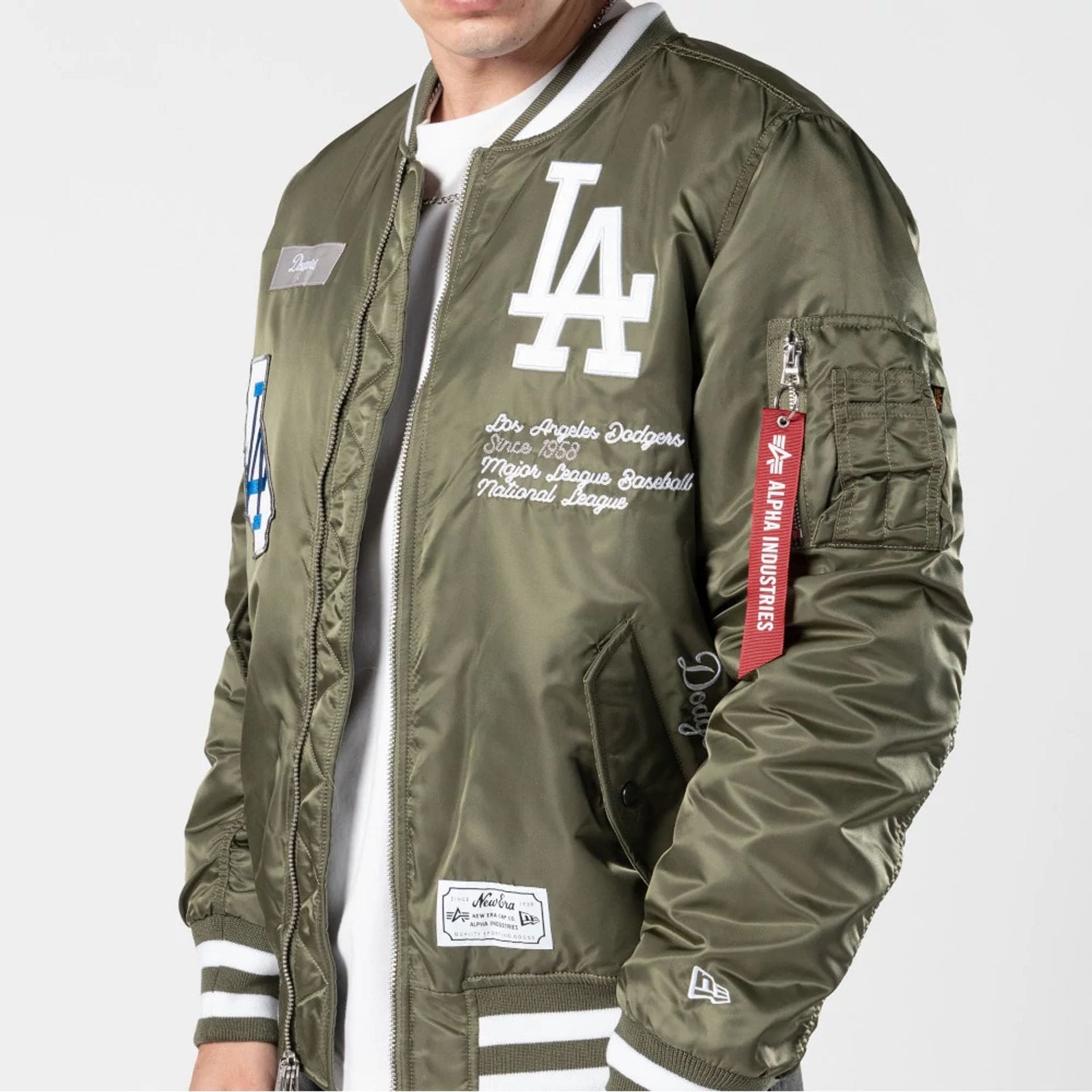 The Male model is wearing LA Dodgers MLB X Alpha Green Bomber Jacket 3