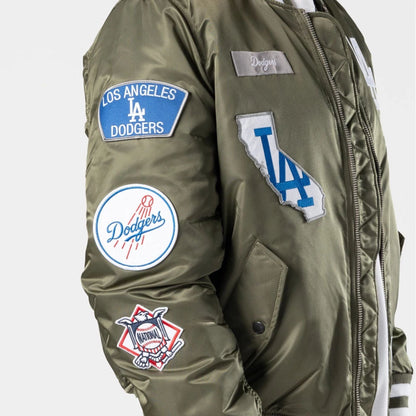 The Male model is wearing LA Dodgers MLB X Alpha Green Bomber Jacket 5