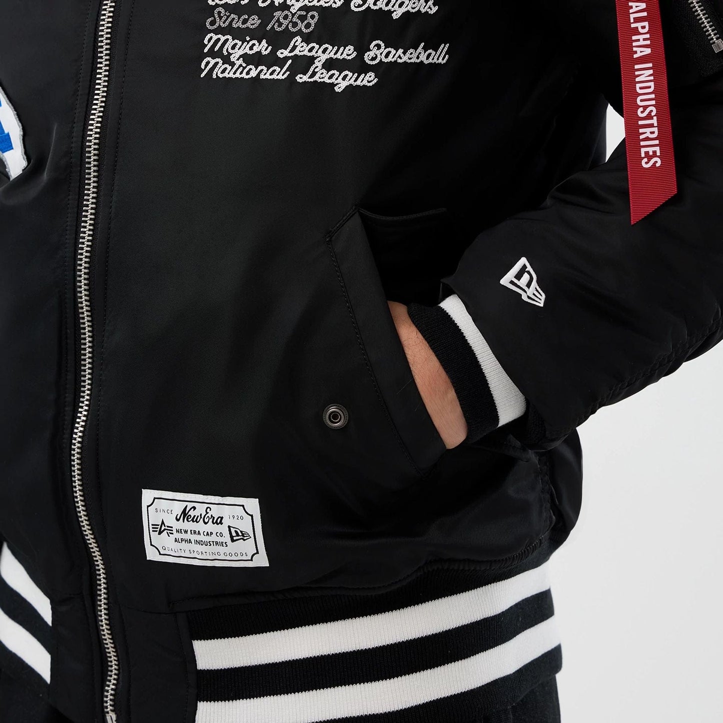 The Male model is wearing LA Dodgers MLB X Alpha Black Bomber Jacket 5