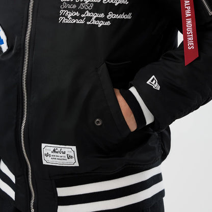 The Male model is wearing LA Dodgers MLB X Alpha Black Bomber Jacket 5