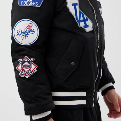 The Male model is wearing LA Dodgers MLB X Alpha Black Bomber Jacket 6