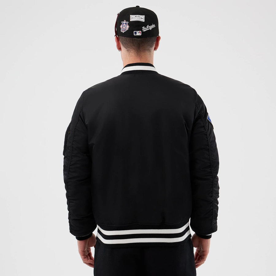 The Male model is wearing LA Dodgers MLB X Alpha Black Bomber Jacket 2