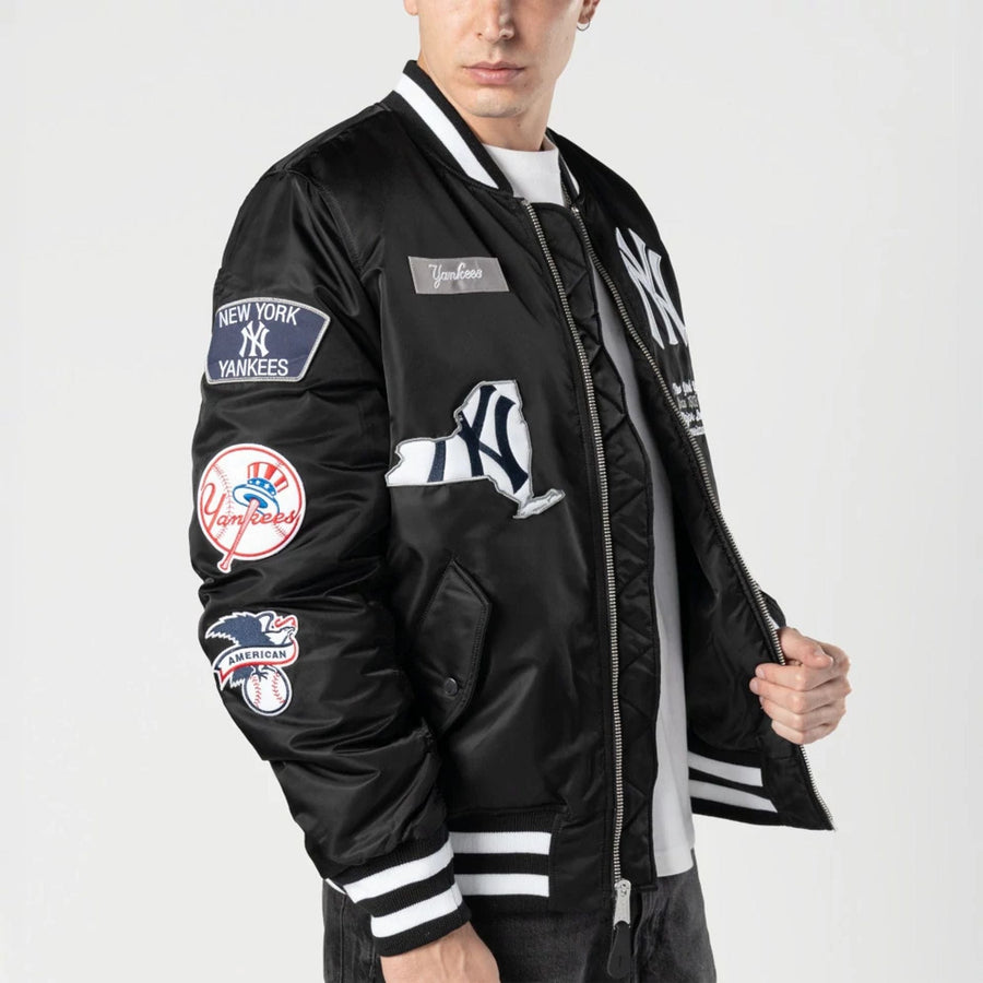 The Male model is wearing New York Yankees MLB X Alpha Black Bomber Jacket 3