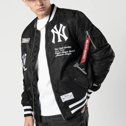 The Male model is wearing New York Yankees MLB X Alpha Black Bomber Jacket 4