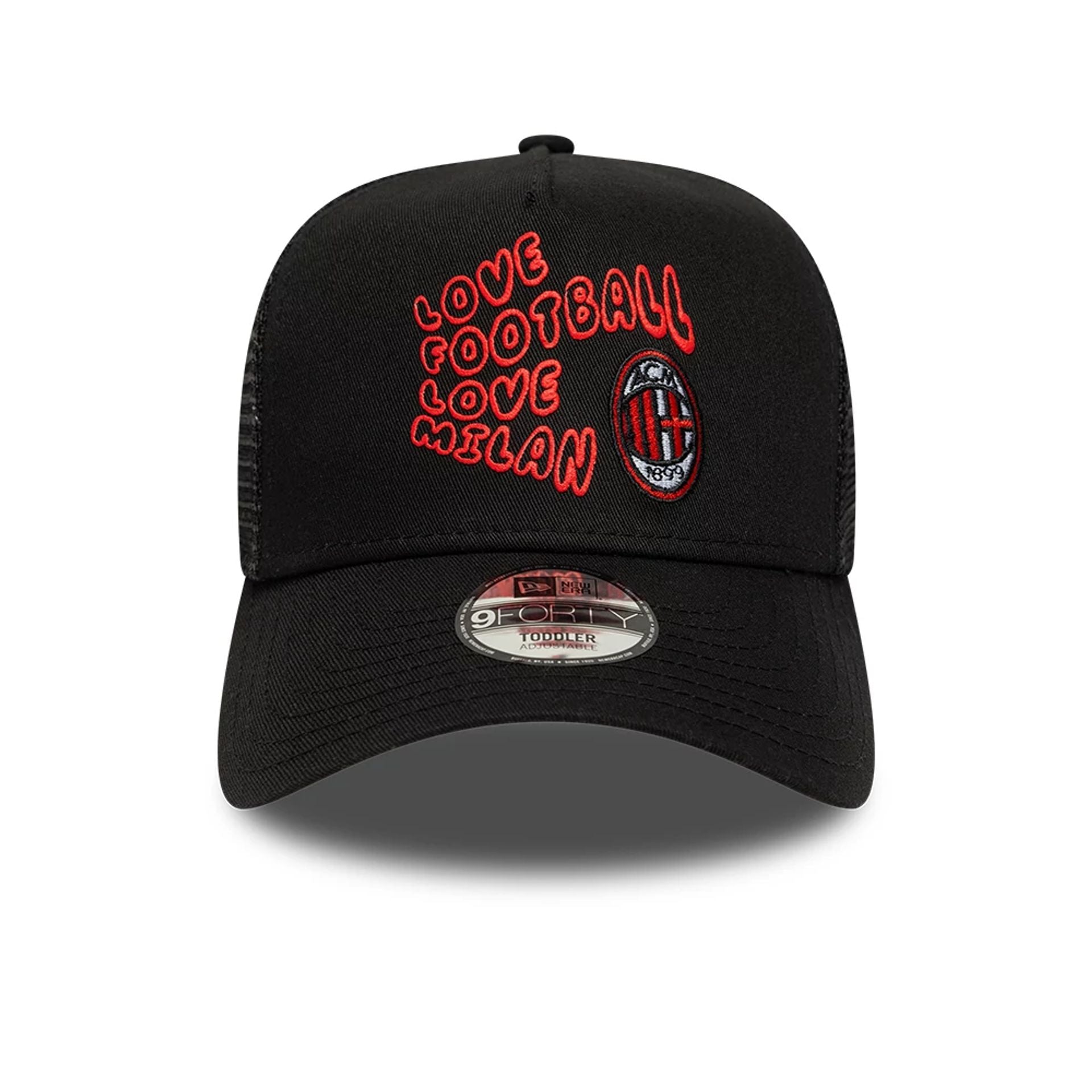 This is a AC Milan Youth Puff Print Black 9FORTY A-Frame Trucker Adjustable Cap 2