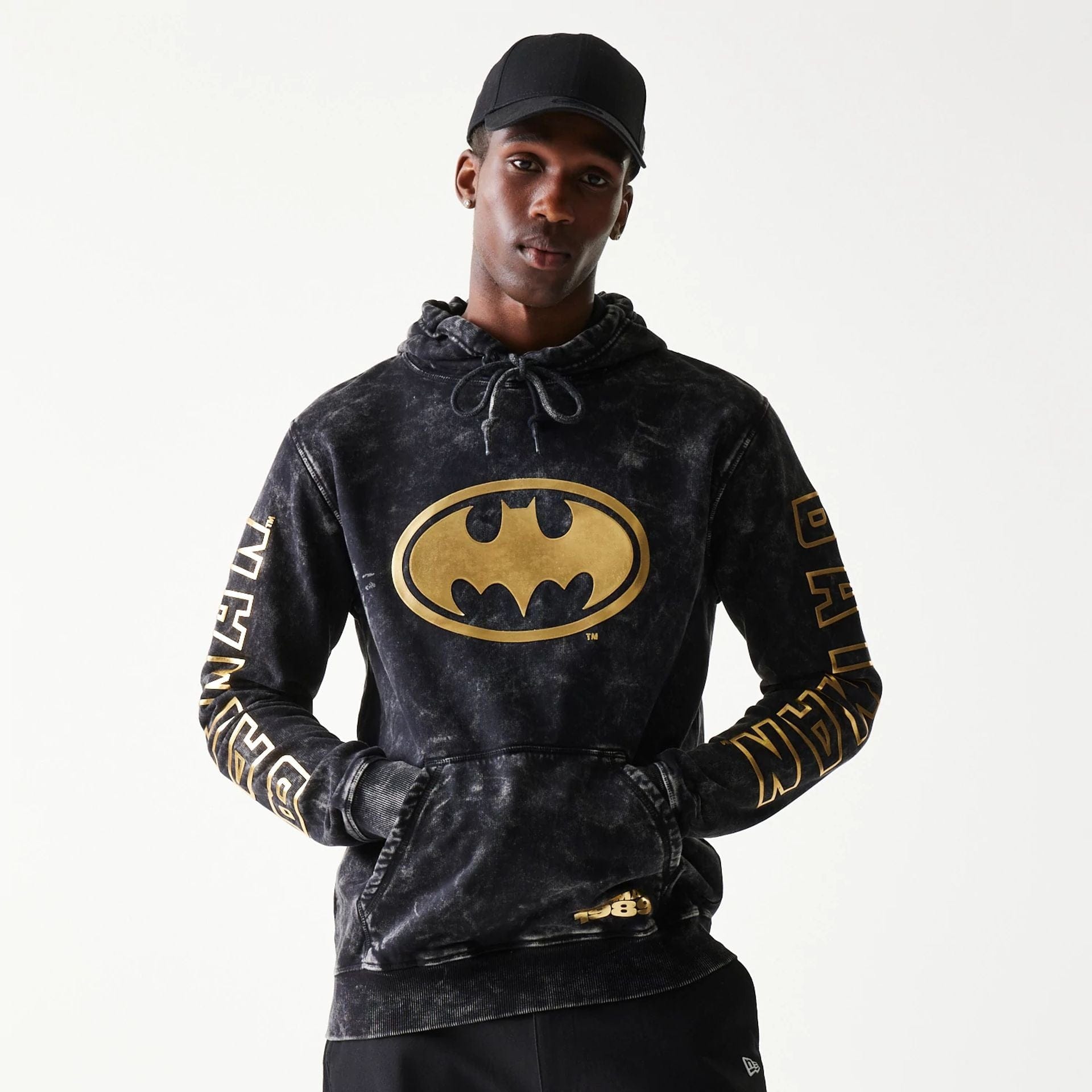 The Male model is wearing Batman 1989 Black Pullover Hoodie 1