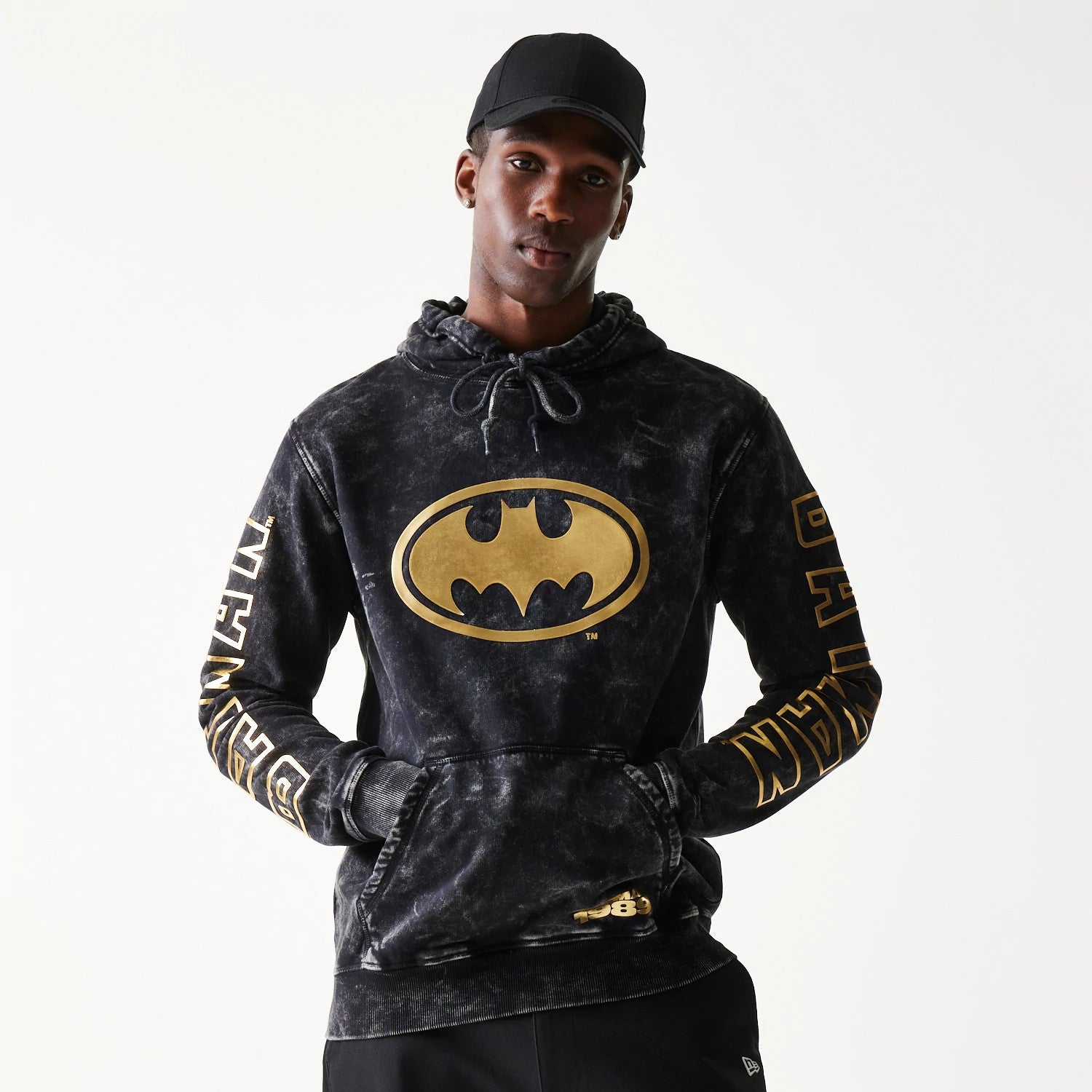 The Male model is wearing Batman 1989 Black Pullover Hoodie 1