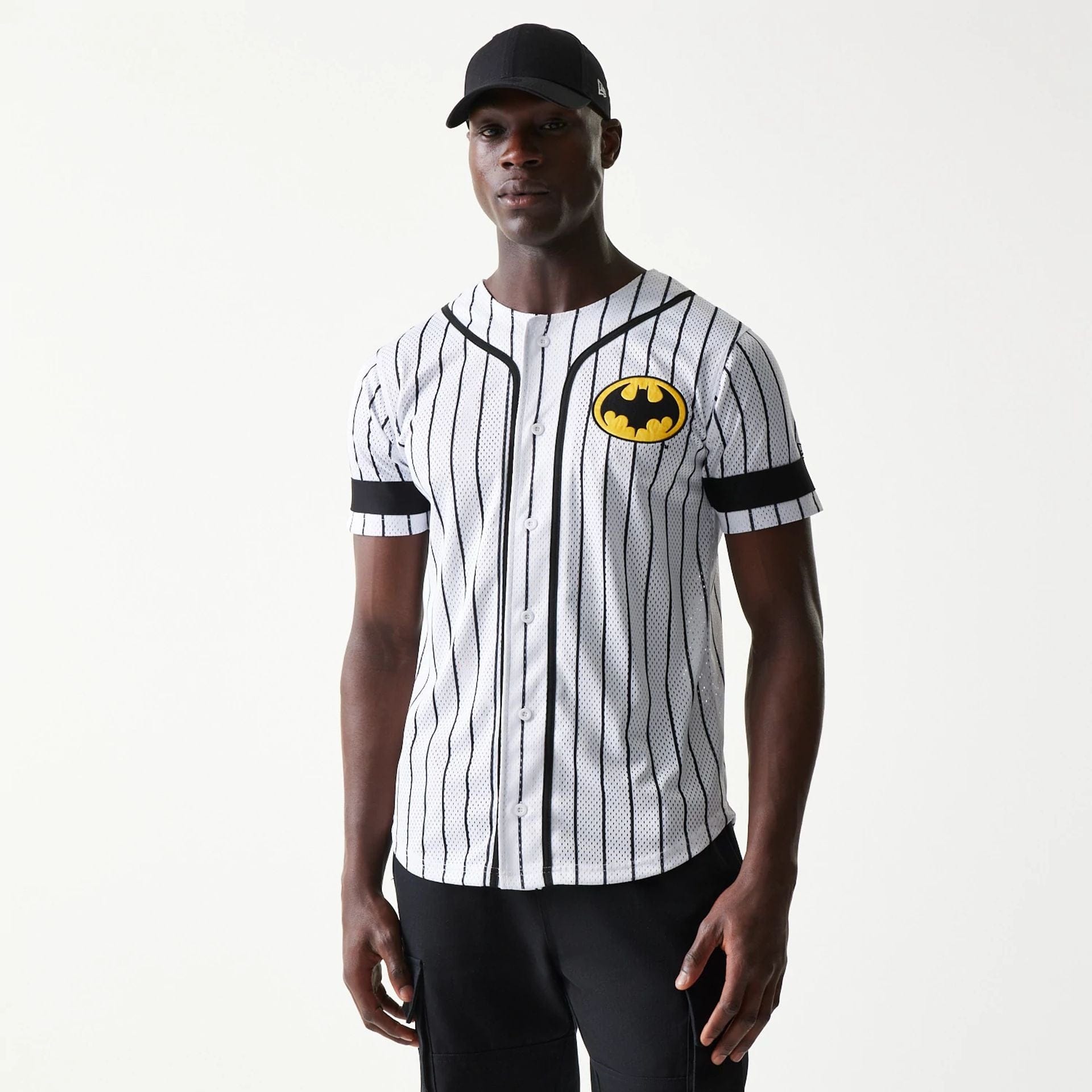 The Male model is wearing Batman Pinstripe White Jersey 1