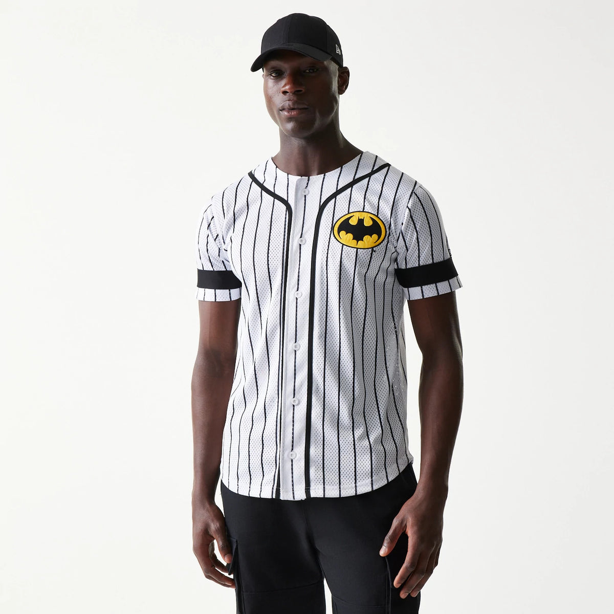 The Male model is wearing Batman Pinstripe White Jersey 1