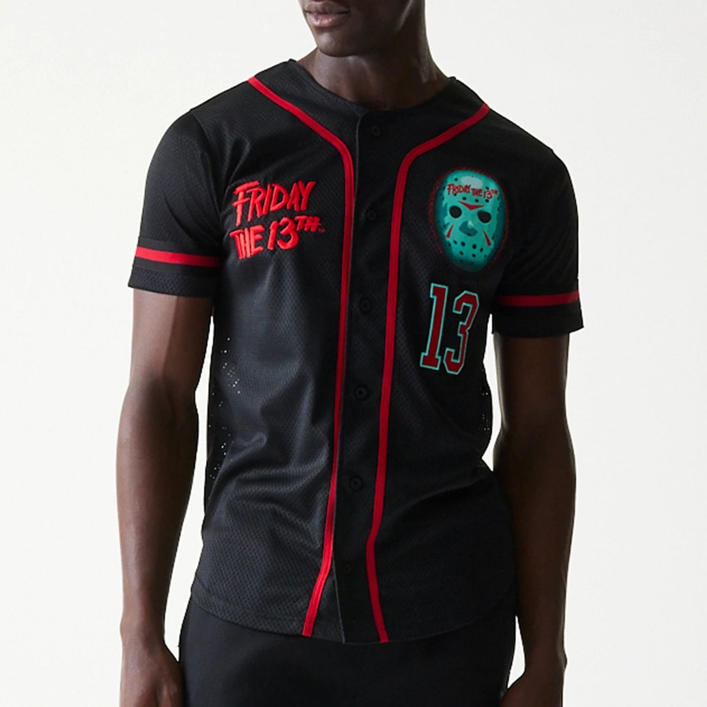 The Male model is wearing Friday The 13Th Black Jersey 3